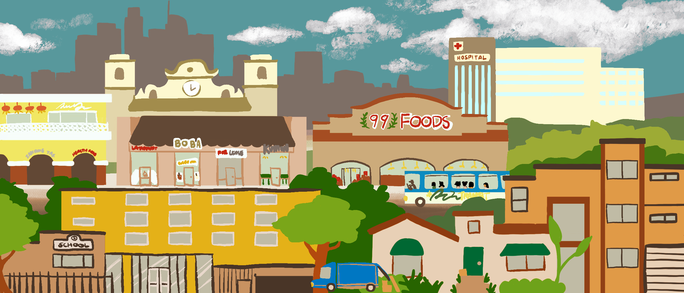 Banner image for website, stylized depiction of the average SVG neighborhood